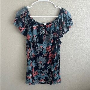 J Jil Linen Floral Off-Shoulder Top in Navy with Red and Teal Accents Lg